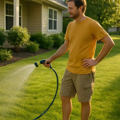 Homeowner practicing deep watering on a summer morning in Ridgewood, NJ, promoting healthy grass and water conservation with help from QuietCare Landscaping