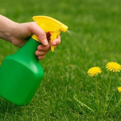 Homeowner uses spray to target weeds in a green summer lawn, promoting sustainable lawn care Bergen County_QuietCare Landscaping